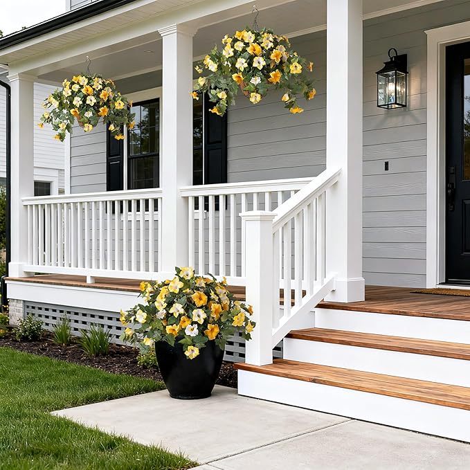 Artificial Fake Petunia Flowers for Outdoor Decoration, 2PCS Faux Silk Petunias Flower for Spring UV Resistant No Fade Realistic Plants for Garden Balcony Yard Porch Indoor Decor(Yellow White)