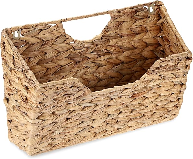 BTSKY Woven Hanging Magazine Holder, Water Hyacinth Magazine Basket, Wall Mounted Storage Basket for Books & Files, Wall File Organizer Magazine Rack with Handle for Home & Office - 13.2x2.8x8.9 Inch