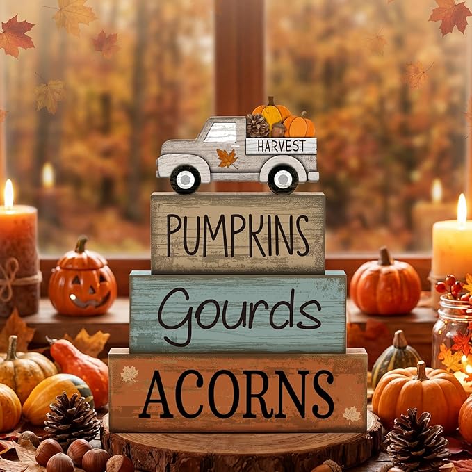 Lineshading 4 Pcs Fall Decoration for Home Fall Truck Decor Thanksgiving Tiered Tray Decor Thanksgiving Centerpiece Decorative Pumpkin Truck Block Signs Gift Farmhouse Autumn Table Decoration for Home
