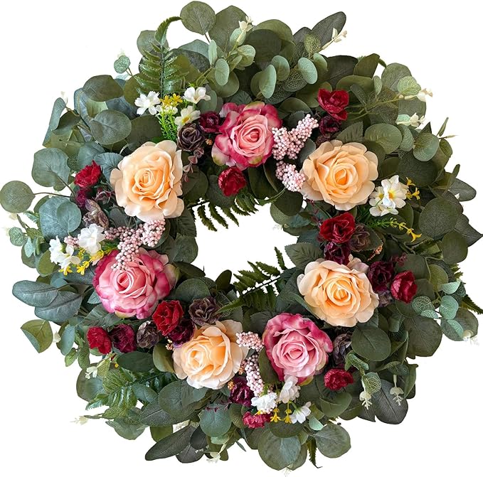 WANNA-CUL 24 Inch Spring Wreaths for Front Door,Spring Mothers Day Wreath Gifts Decorations with Pink,Champagne, Burgundy Rose and Eucalyptus Leaves for Valentines Day,Wedding or Indoor&Outdoor Decor