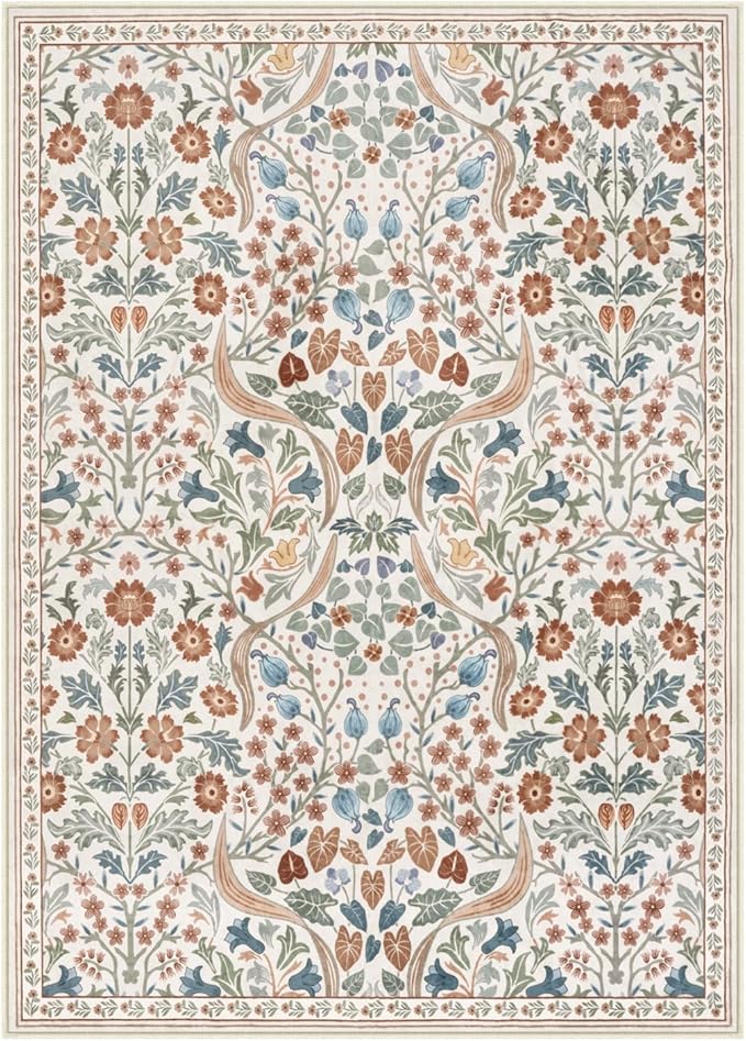 Moynesa Floral 5x7 Area Rugs, Machine Washable Rugs for Bedroom, Non Slip Boho Rugs for Living Room, Large Flower Stain Resistant Floor Carpet for Dining Room Home Office, Beige
