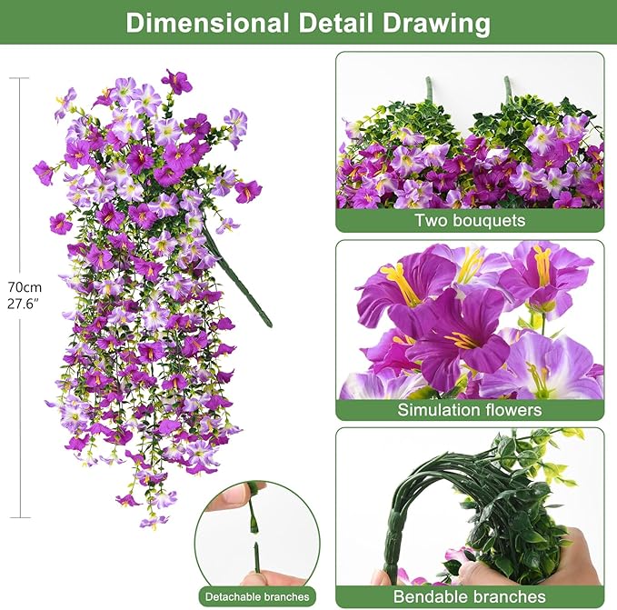Artificial Fake Hanging Flowers Plants for Outdoor Spring Decoration,2 PCS Faux Silk Morning Glory with Eucalyptus Leaves,UV Resistant Realistic Trailing Vines for Balcony Porch Patio Yard Garden
