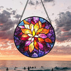 Stained Glass Window Hanging, Fuchsia Abstract Flowers Suncatcher for Window Home Decor Orange Sun Catcher Mother's Day Birthday Gifts for Women Men Mom Nana 11.8 in