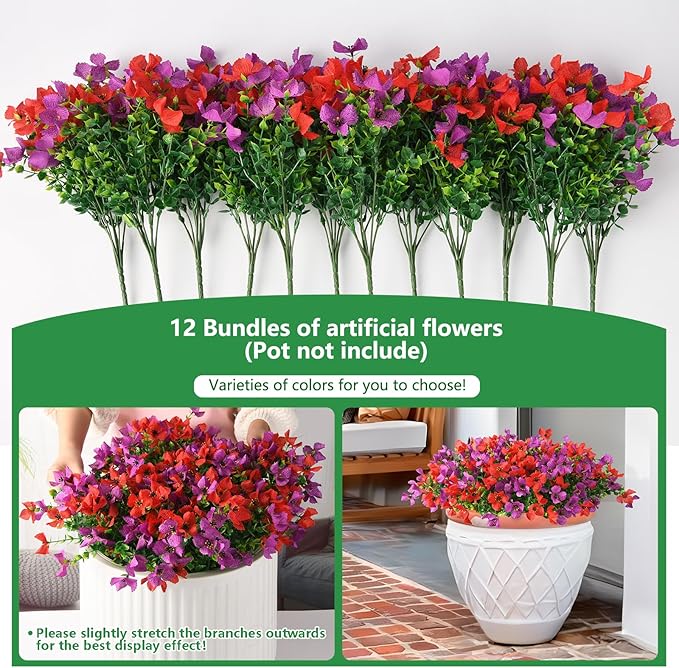Homsunny Artificial Fake Flowers Plants for Outdoors - 12 Bundles Fake Plants Faux Silk Flowers Outside, UV Resistant for Planter Front, Porch, Garden, Patio, Spring Decor