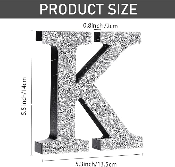Qunclay 5.7" Silver Crystal Diamond Bling Letters Crushed Diamond Decoration Wooden Glitter Letter with Screw and Hooks Rhinestone Gift for Wedding Y2k Mcbling Bedroom Wall Decor (Letter K)