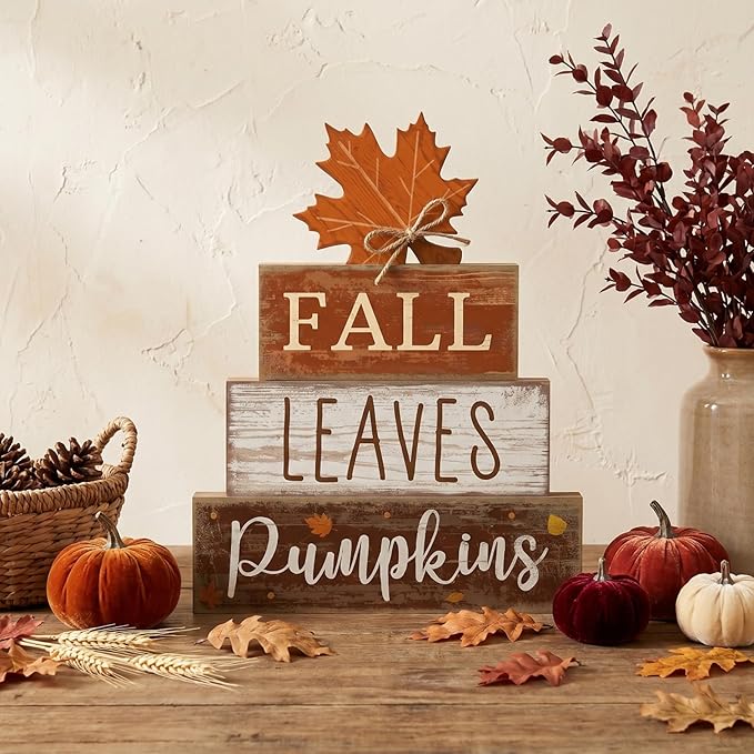 Lineshading 4 Pcs Fall Decoration for Home Wooden Maple Leaf Thanksgiving Table Centerpiece Rustic Thanksgiving Tiered Tray Decor Decorative Fall Leaves Block Signs Farmhouse Autumn Decor for Kitchen
