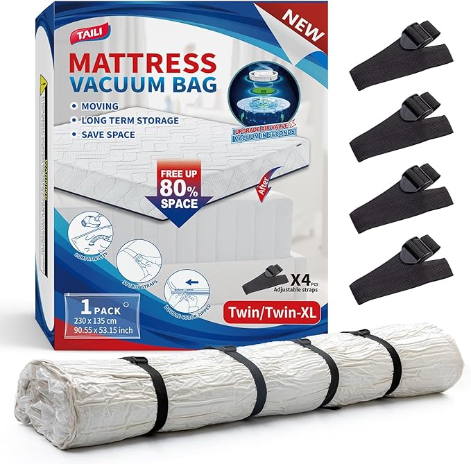 TAILI Mattress Vacuum Storage Bag, Twin/Twin-XL Foam Mattress Vacuum Bag with 4 Straps, Sealable Bag for Memory Foam, Latex, Easy Moving, Transport and Storage