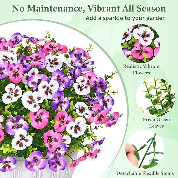 MARTINE MALL 18 Bundles Look Real Artificial Flowers for Outdoors, Realistic Fake Outdoor Flowers UV Resistant Silk Pansy Flower for Outside Faux Flower Plant for Outdoor Porch Yard, Pink+Purple+White