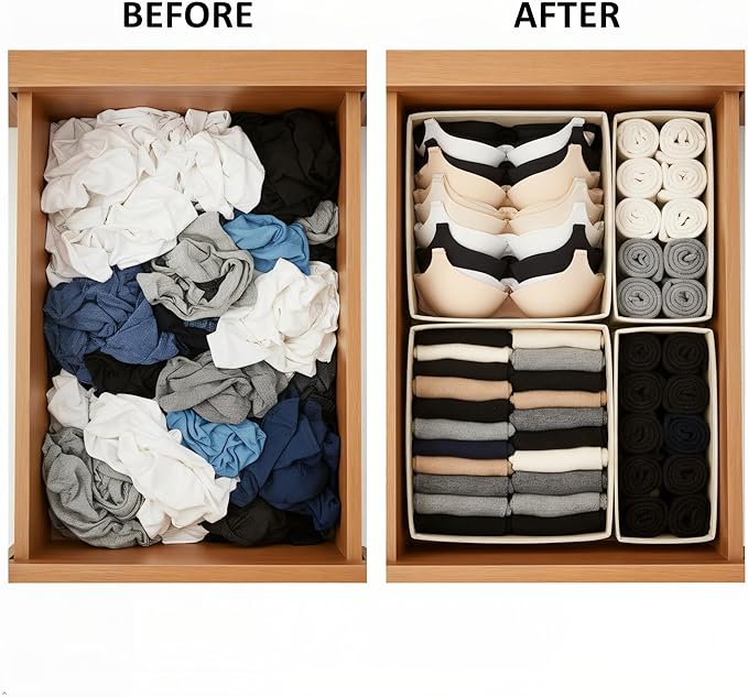 Underwear Drawer Organizer 2 Pack - Foldable Fabric Storage Bins for Dresser & Closet, Khaki Sock and Bra Dividers, 2 Sizes for Bedroom Organization