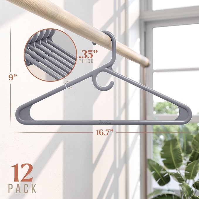 NEATERIZE Thick Heavy Duty Hangers - Grey Plastic Clothes Hangers 12 Pack - Great for Coat Hanger, Jackets Jeans & Suit Hanger for Closet - New Apartment Essentials Percheros Ganchos para Colgar Ropa