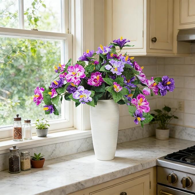 Artificial Flowers for Outdoors Indoors,2 Bunches Fake Hibiscus with Realistic UV Resistant Silk Flower Fabric Leaves,Faux Plants Outside for Patio Garden Yard Poch Decor (Purple,Fuchsia)