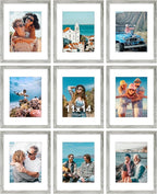 Vittanly 11x14 Picture Frames Set of 9, Shatter Resistant Plexiglass, Display 8x10 Pictures with Mat or 11x14 without Mat, Photo Frames for Wall or Tabletop, Engineered Wood, Grey