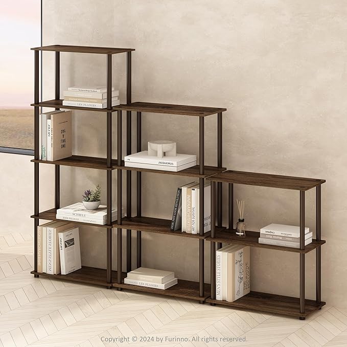 Furinno Turn-N-Tube Book Shelf, 4-Tier Bookshelf, Bookcase with Multipurpose Compact Display Rack, 11.6 x 23.6 x 43.2, for Living Room, Bedroom, Home Office, Walnut/Brown