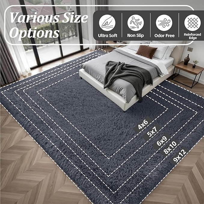 8x10 Area Rugs for Living Room Bedroom: Ultra Soft Fluffy Shag Rug Upgrade Non-Slip Non-Shedding Large Fuzzy Plush Carpet Indoor Floor Carpets for Kids Room Playroom Nursery Dorms Home Decor Grey