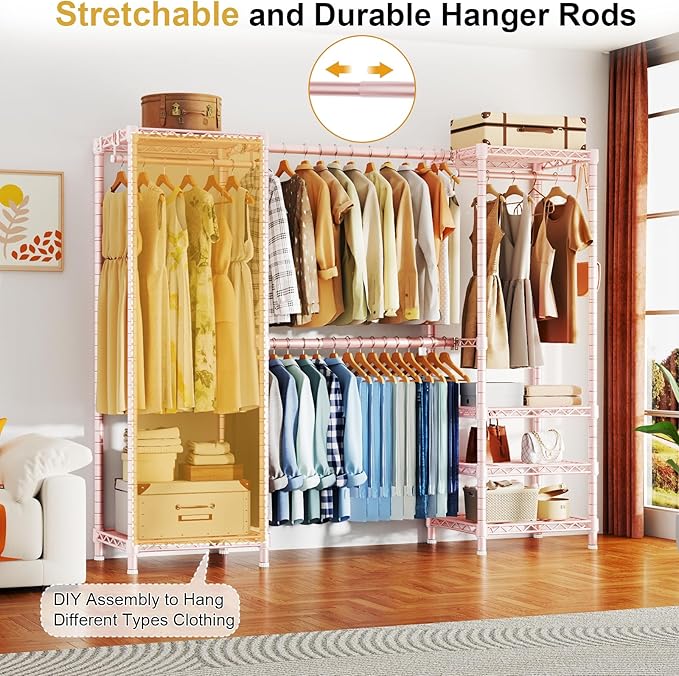 Ulif E7 Garment Rack, Heavy Duty Clothes Storage System with Extendable Hangers Rods, Metal Clothing Rack with 6 Wire Shelves, (52.3"-72") W x 14.5" D x 71.2" H, Load 838lbs, Pink