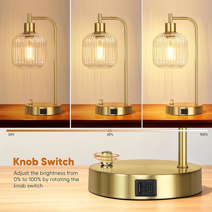 QiMH Industrial Table Lamp for Bedroom Set of 2, Clear Glass Beside Lamp with USB A&C Ports, Stepless Dimmable Gold Lamps, Nightstand Lamps for Living Room, Office, Home Decor(Bulb Included)