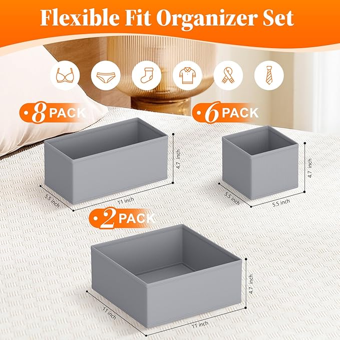 Drawer Organizer Clothes, 16 Pack Drawer Organizers and Underwear Organizer for Nursery, Dividers Clothes Organizer, Closet Organization and Foldable Storage Bins for Socks, Bra, Tie, Grey
