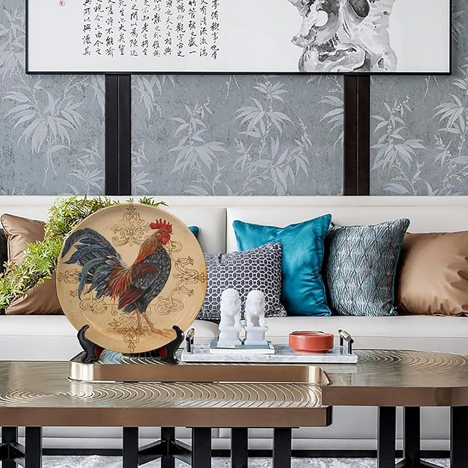 Rooster Decorative Ceramic Plates, 6 Inch, Rooster On A Khaki Background Round Display Plate, Table Top Plate Decor with Stand, Ceramic Craft for Wall Hanging Decorative