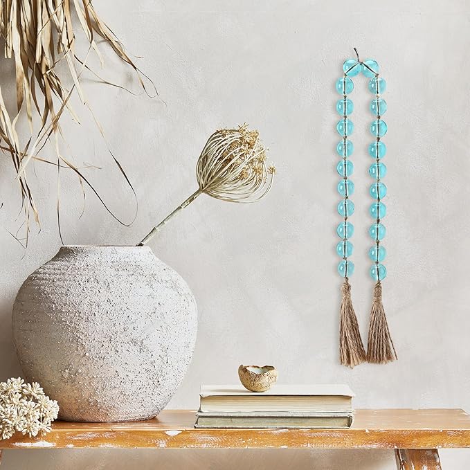 Misdary Modern Glass Beads Garland with Tassels, Blue Home Accent for Home Tray Shelf Coffee Table Living Room, Boho Decor Indoor Outdoor Stylish Tabletop Decoration, 25.6 Inch