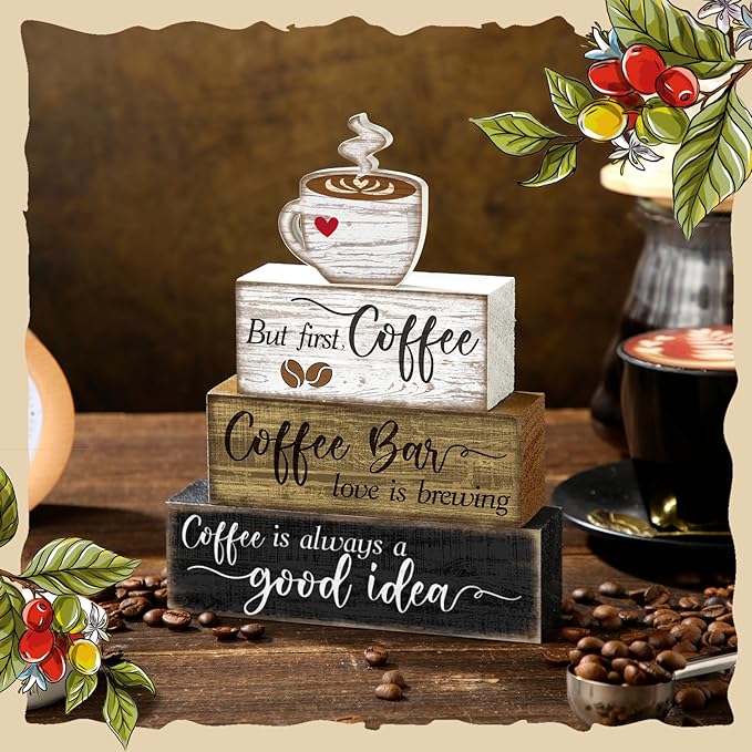 Moucuny 4 Pcs Wooden Coffee Bar Tabletop Decor Coffee Tiered Tray Decor Rustic Wood Bar Sign Gift Farmhouse Table Centerpiece Farmhouse Decorations for Home Kitchen