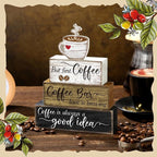 Moucuny 4 Pcs Wooden Coffee Bar Tabletop Decor Coffee Tiered Tray Decor Rustic Wood Bar Sign Gift Farmhouse Table Centerpiece Farmhouse Decorations for Home Kitchen