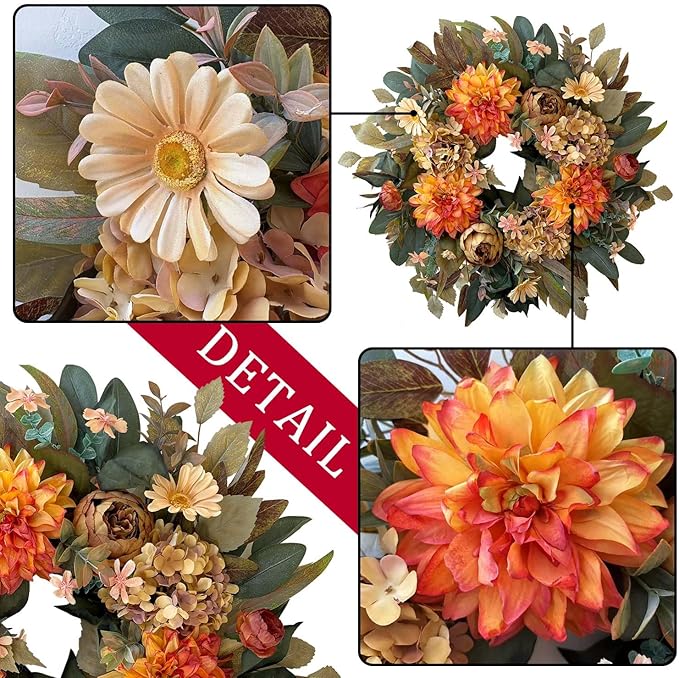WANNA-CUL 24 Inch Spring Fall Wreaths for Front Door,Fall Wreath with Orange Hydrangea&Peony and Dahlia -Fall Decoration for Home-Fall Decor Door Wreath for Valentines Day,Mothers Day,Autumn,Harvest