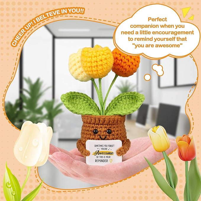 WenmthG Mini Positive Crochet Tulip Doll - Funny Handmade Knitting Doll Birthday Emotional Inspirational Cheer Support Ideas Gifts for Women Girls Coworker Teacher Appreciation Gifts