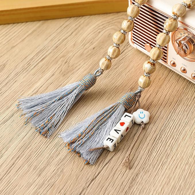 50in Handcrafted Ceramics Beads Garland with Tassels Farmhouse Rustic Ceramic Prayer Bead String Wall Hanging Accent for Boho Home Festival Decor Beige Bead