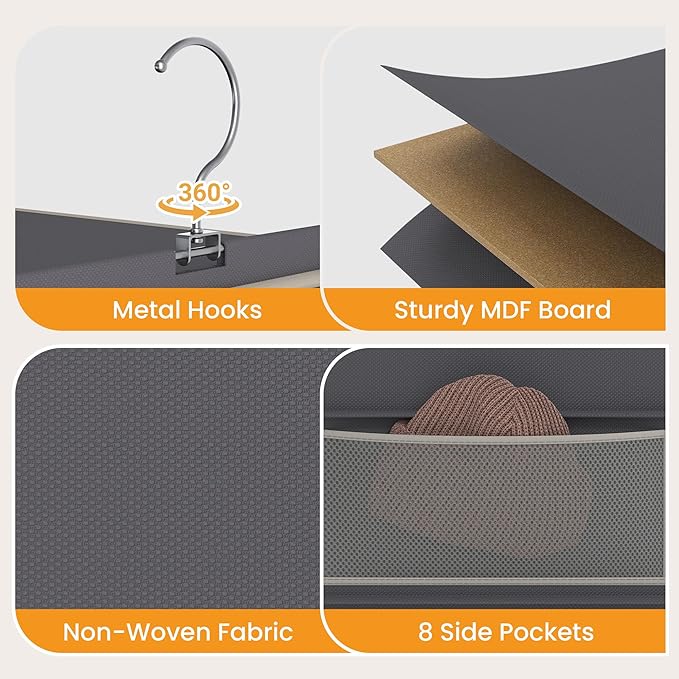 YOUDENOVA Upgraded Extra Wide Hanging Shoe Organizer for Closet, 8-Shelf Storage Organizer with 8 Side Pockets, Hanging Shoe Rack for Hats Clothes Jeans, Grey