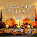 Haooryx Halloween Day of the Dead Ghost Wooden Hanging Ornaments - 25Pcs Sugar Skulls Wood Pendent Decoration Mexican Fiesta Dia de Los Muertos Skull Skeleton Tag for Tree Halloween Party Favor Supply