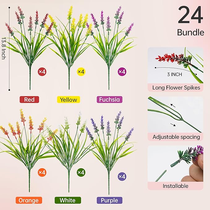Der Rose 24 Bundles Artificial Flowers for Outdoors Fake Lavender Flowers UV Resistant Faux Plants Monkey Grass for Garden Porch Fence Patio Window Box Decor（Colorful）