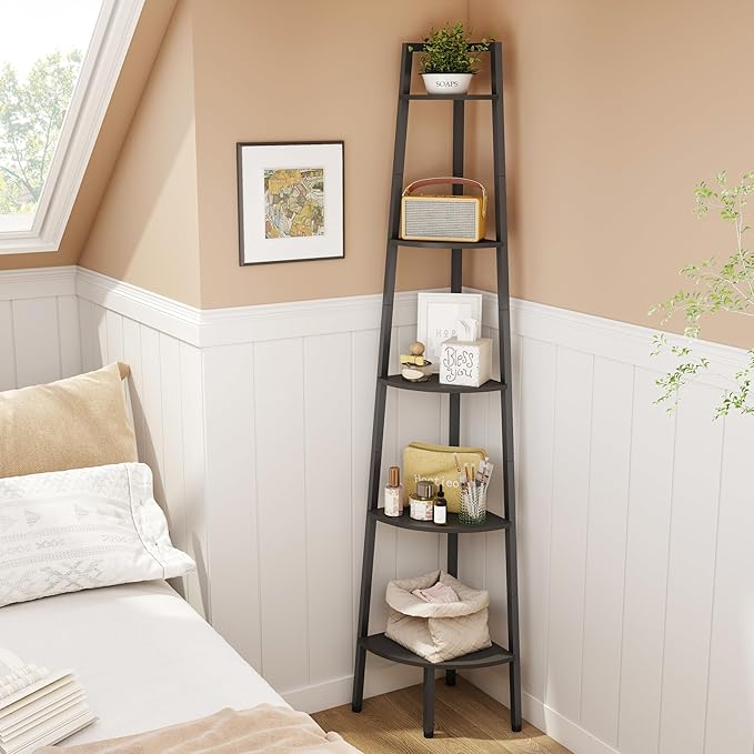 Hoctieon Corner Shelf, 5-Tier Corner Bookshelf, Rustic Ladder Shelf, Industrial Display Stand for Living Room, Kitchen, Home Office, Balcony, Small Space, Metal Frame, Black