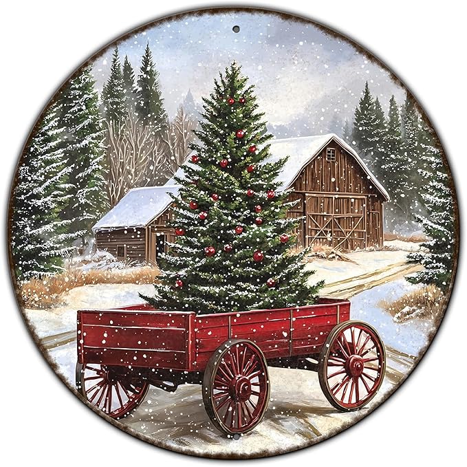 Vintage Round Metal Sign Christmas Trees Tin Sign Funny Wall Decor for Cafe Bar Plub Backyard Home Bedroom 12×12 Inch