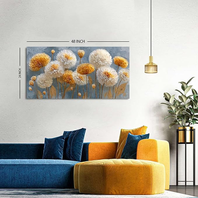 Abstract White Flower Wall Art Golden Floral Pictures Wall Decor Neutral Flowers Canvas Painting Boho Blossom Posters Print Nature Botanical Artwork Bedroom Living Room Office Home Decoration 24x48