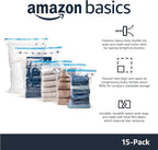 Amazon Basics Vacuum Storage Bags for Clothes, Compression Space Saving Storage Bags with Hand Pump, Reusable, Heavy-Duty Seal Protection, Multiple Sizes, White, 15-Pack