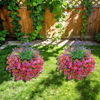 INQCMY Artificial Flowers for Outdoors UV Resistan 12 Pcs Silk Daisies with Eucalyptus Leaves and 2 Pcs Lavender Suitable for Porch Balcony Courtyard Garden (Red Lotus)
