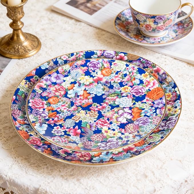 KAMMAK Decorative Plates Set for Display,Blue Ceramic Plate Decor with Stand，Handmade Vintage Flower Porcelain Ornament for Living Room, Kitchen, Office, Perfect Chinese Style Dish Gift (8in+10in)