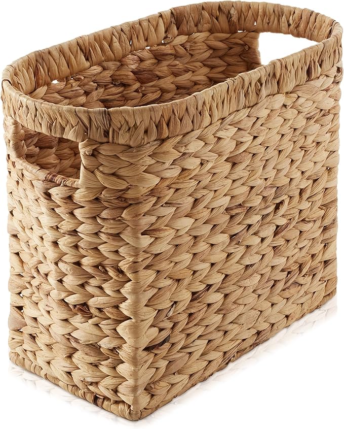 Casafield Woven Magazine Holder with Handles, Natural - Water Hyacinth Storage Basket for Bathroom, Living Room, Home Office