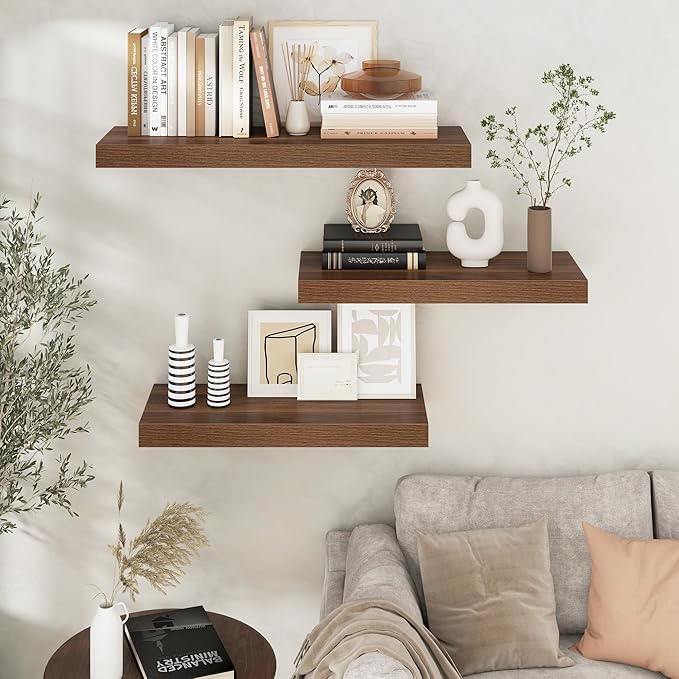 Venusmiles Floating Shelves for Wall, 30" W x 12" D x 2" H, 2 Pack of Long Wall Mounted Engineered Wood Shelves with Invisible Brackets for Living Room, Bedroom, Bathroom, Kitchen Decor, Walnut