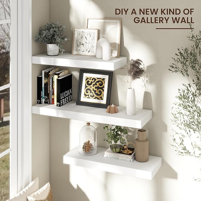 Venusmiles Floating Shelves for Wall, 40" W x 12" D x 2" H, 2 Pack of Long Wall Mounted Engineered Wood Shelves with Invisible Brackets for Living Room, Bedroom, Bathroom, Kitchen Decor, White