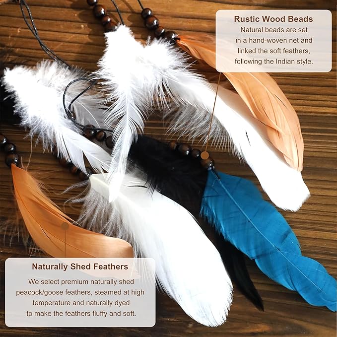 5 Pack Boho Dream Catcher Native American Wall Art Set, Handmade Natural Rattan Feathers Large Dreamcatcher Rustic Hanging Ornament Indian Wall Decor for Bedroom Adult