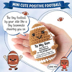 Belatelove Mini Funny Son Gifts from Dad Mom, Handmade Crochet Football with Inspirational Card, Fathers Day Birthday Gift for Son, Unique Football Doll for Desk Decor