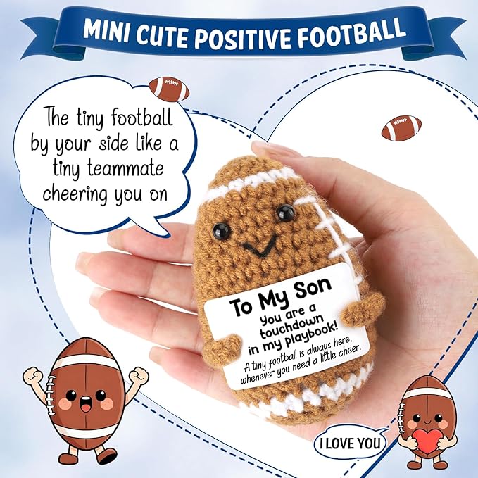 Belatelove Mini Funny Son Gifts from Dad Mom, Handmade Crochet Football with Inspirational Card, Fathers Day Birthday Gift for Son, Unique Football Doll for Desk Decor