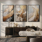 Large Framed Neutral Abstract Wall Art for Living Room, 3 Piece Modern Canvas Prints Paintings Artwork for Walls, Oversized Beige Gold Pictures for Hallway Dining Bedroom Office Wall Decor 24x36 In
