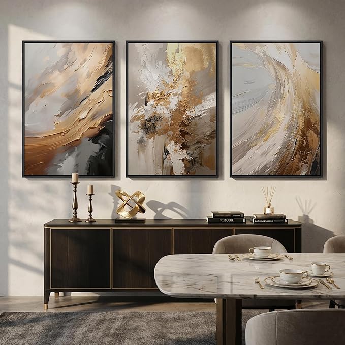 Large Framed Neutral Abstract Wall Art for Living Room, 3 Piece Modern Canvas Prints Paintings Artwork for Walls, Oversized Beige Gold Pictures for Hallway Dining Bedroom Office Wall Decor 24x36 In