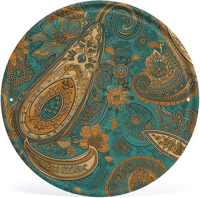Wall Picture, with Yellow Paisley Pattern Printed Circular Iron Hanging Picture,Wall Art Decor,Home for Bedroom Living Room Bathroom Decor,Iron Painting 11.8X11.8 in