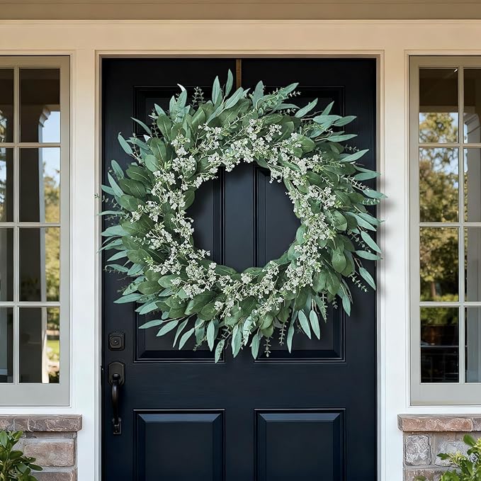 32'' Eucalyptus and Babys Breath Flowers Wreath for Front Door - Large Artificial Greenery Outdoor Wreath for Porch,Window,Farmhouse,Home,Hanging Decor- Spring, Summer, All Seasons (Green-White)