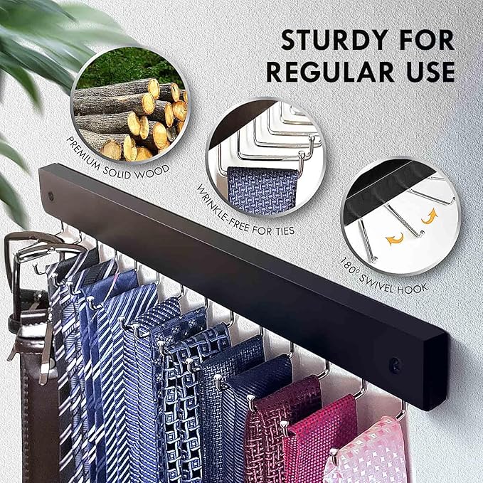 2Pack Tie Rack Wall Mounted, Wooden Belt Hanger Tie Organizer for Closet with 28 Folding Hooks, Space Saving Tie Holder and Belt Rack for Closet Wall Mount, Black