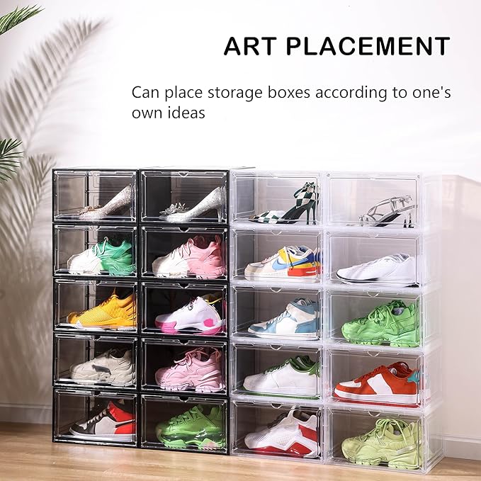 Attelite Large Clear Shoe Box Organizer,Plastic Stackable Shoe Storage Box with Magnetic Door, Large Clear Door Shoe Containers for Display Sneakers, Easy Assembly（Black）