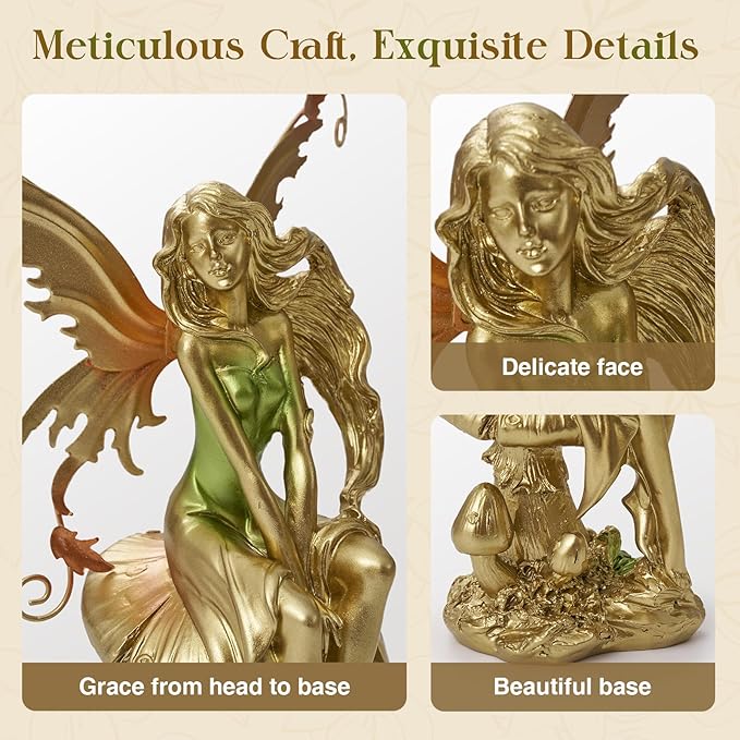 Resin Fairy Statue Elegant Fantasy Decor, Hand-Painted Angel Figurine Graceful Fairy Sculpture for Bookshelf, Mantel, Indoor Outdoor Decor, Thoughtful Gift for Women, Girls (Sitting)